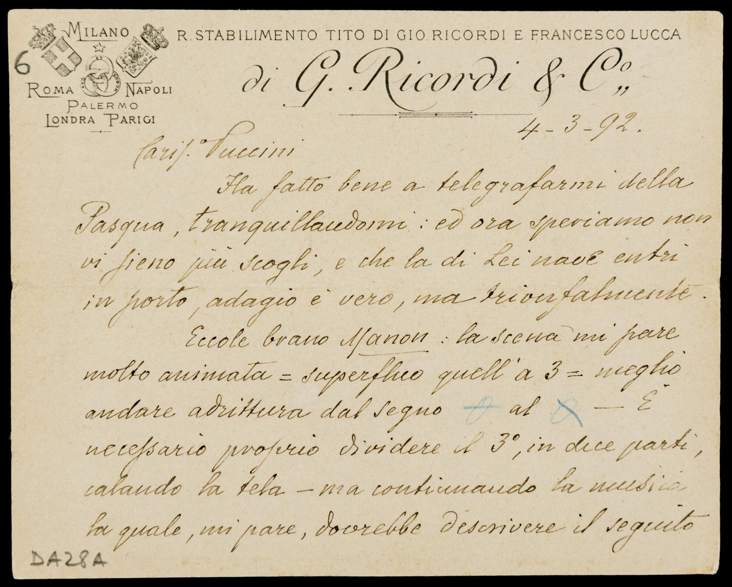 Lettera di Giulio Ricordi a Giacomo Puccini