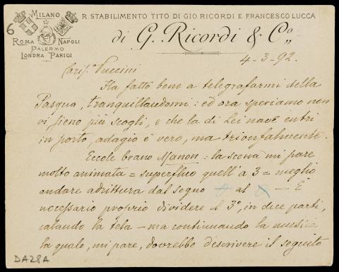 Lettera di Giulio Ricordi a Giacomo Puccini